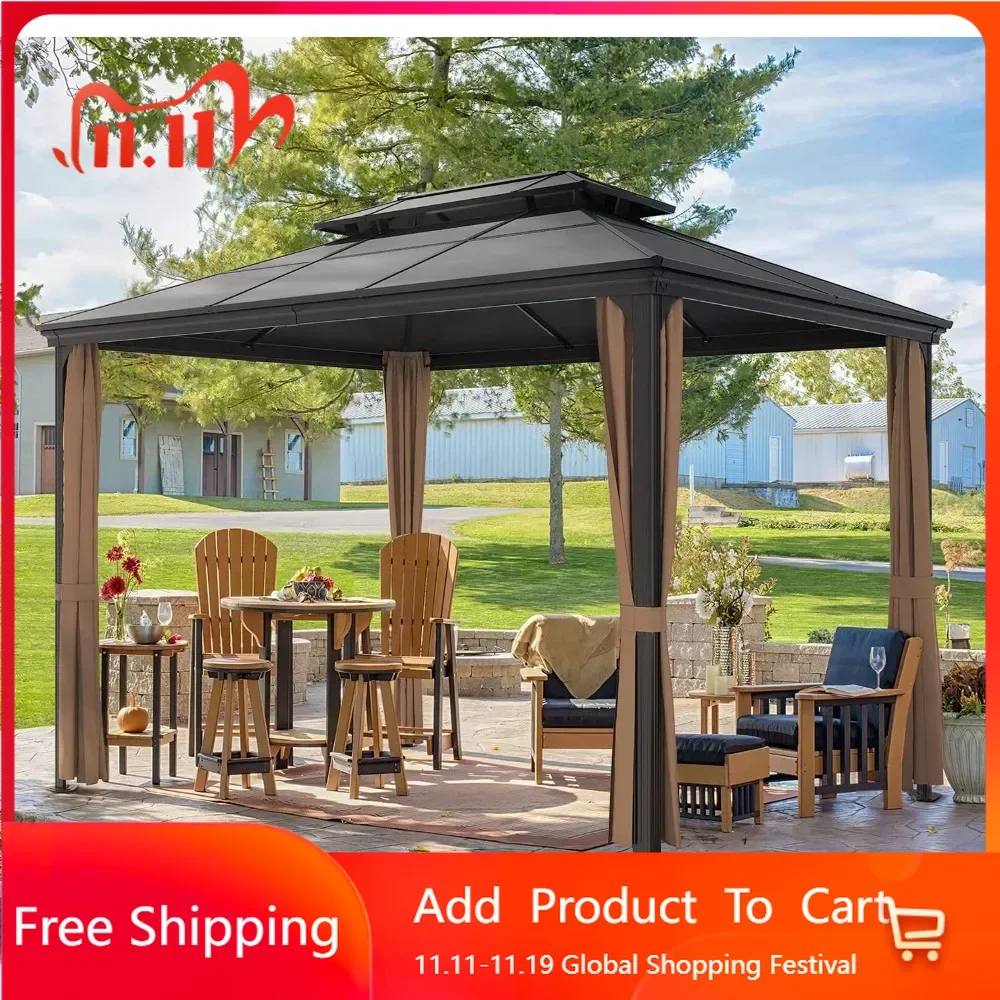 10'x13 'hard top polycarbonate pavilion, steel double roof canopy, aluminum frame permanent pavilion with mesh and curtains