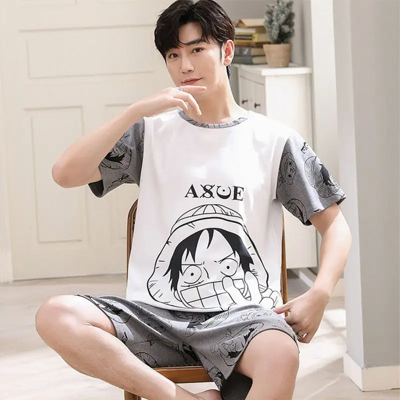 

2026 Summer New One Piece Monkey D. Luffy Cartoon Print Pajama Set Men's Short Sleeve T-shirt & Shorts Soft Breathable Sleepwear
