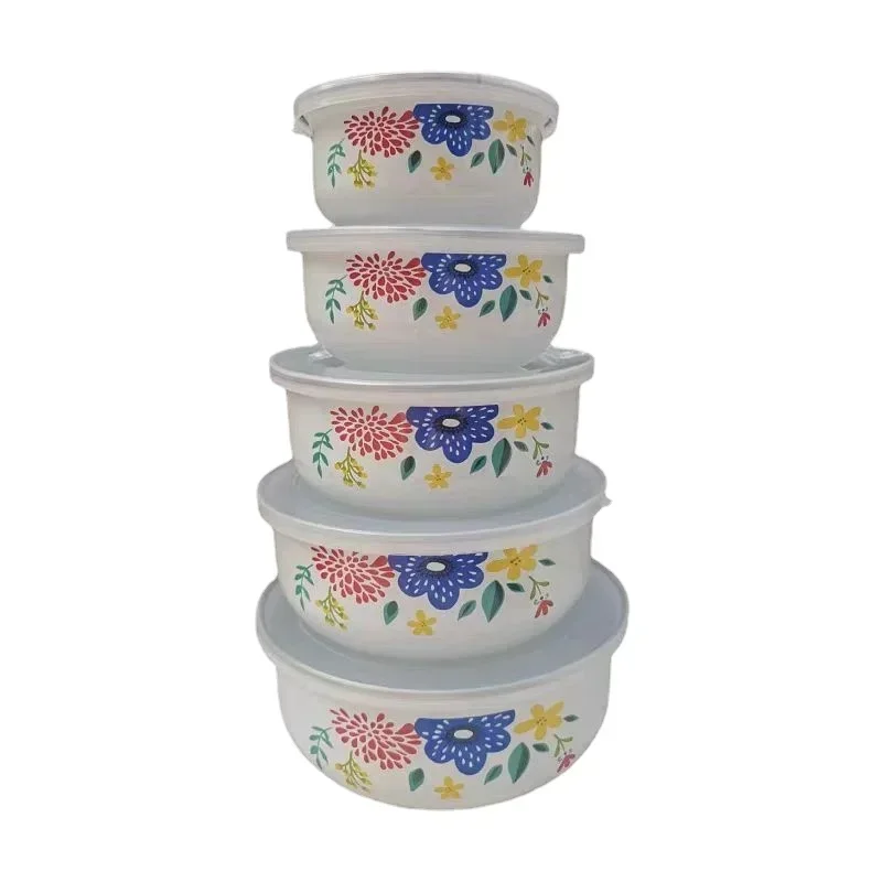 5Pcs/ enamel bowl Set Creative Flower Animal Enamel Bowls Salad Food Bowls with Plastic Covers for Home Kitchen ceramic bowl