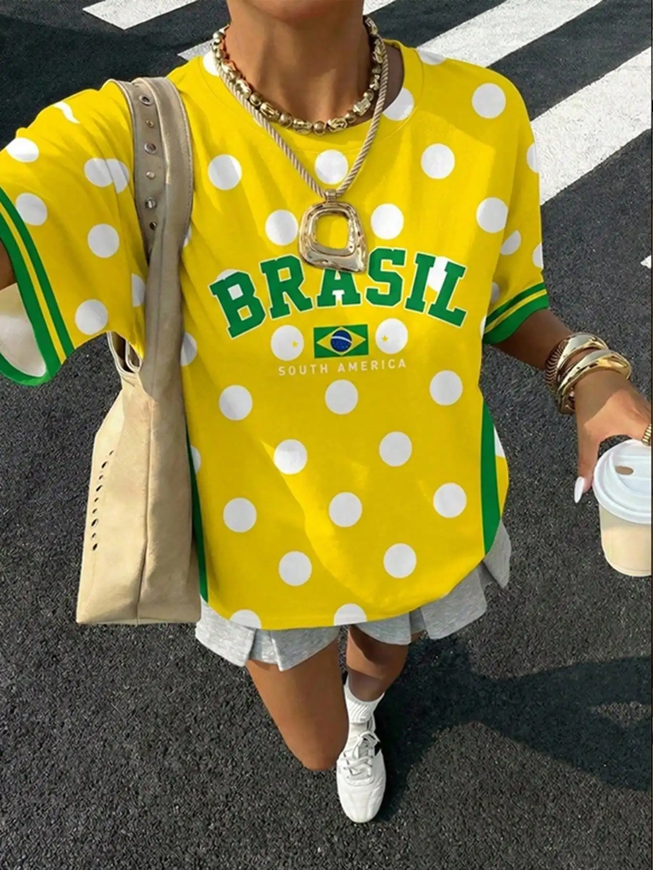 Women Brasil Polka Dot Jersey T-Shirt, South America Brazil Flag Graphic Print Crew Neck Short Sleeve Loose Retro Summer Tee