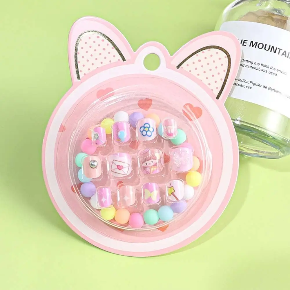 12 pçs/set material de manicure crianças unhas falsas pulseira acessórios para unhas cobertura completa dicas da arte do prego dos desenhos animados unhas falsas flores