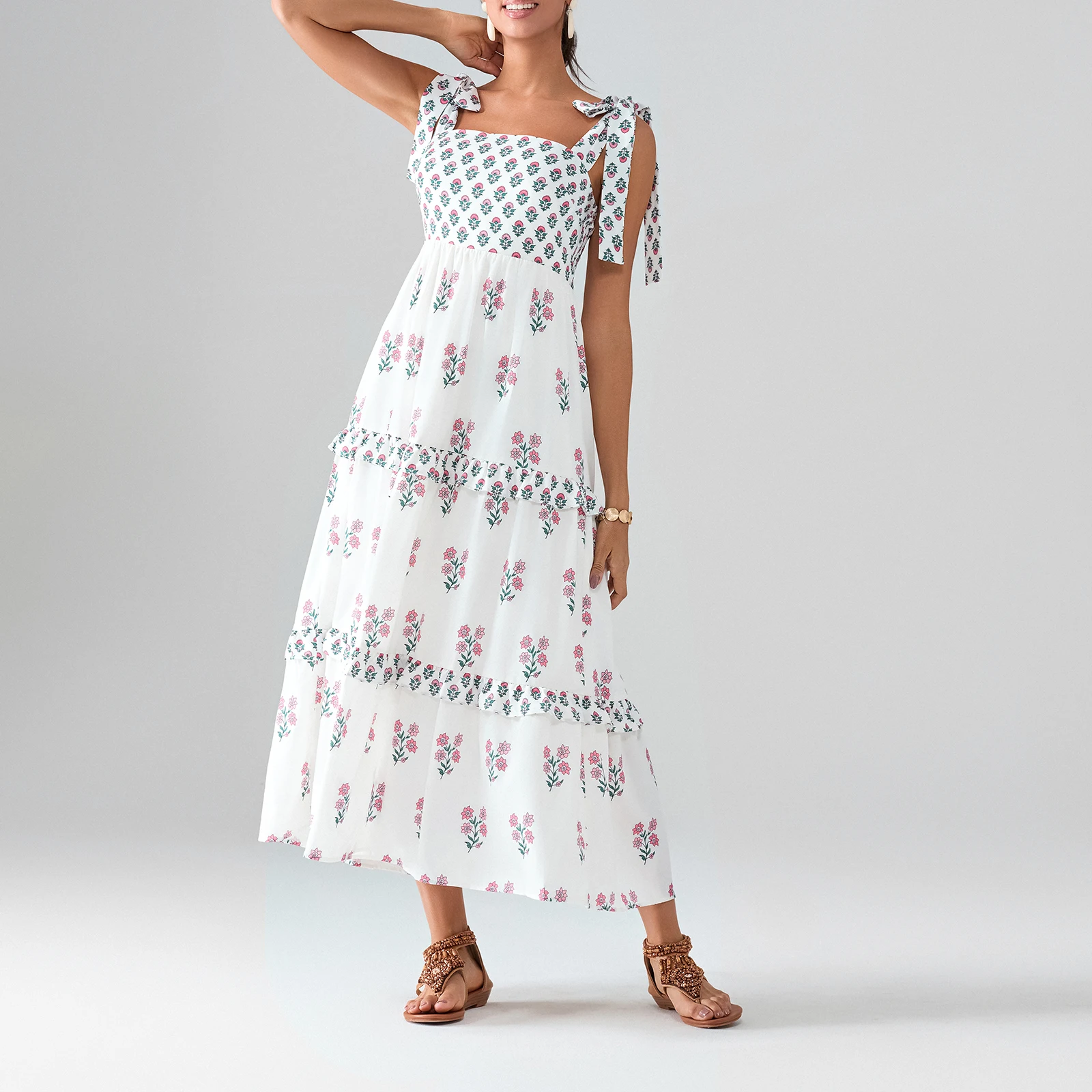 Vestido largo de verano para mujer, traje bohemio con lazo en los hombros, estampado Floral de Fairycore, volantes y flores, estilo y2k, ideal para playa y vacaciones