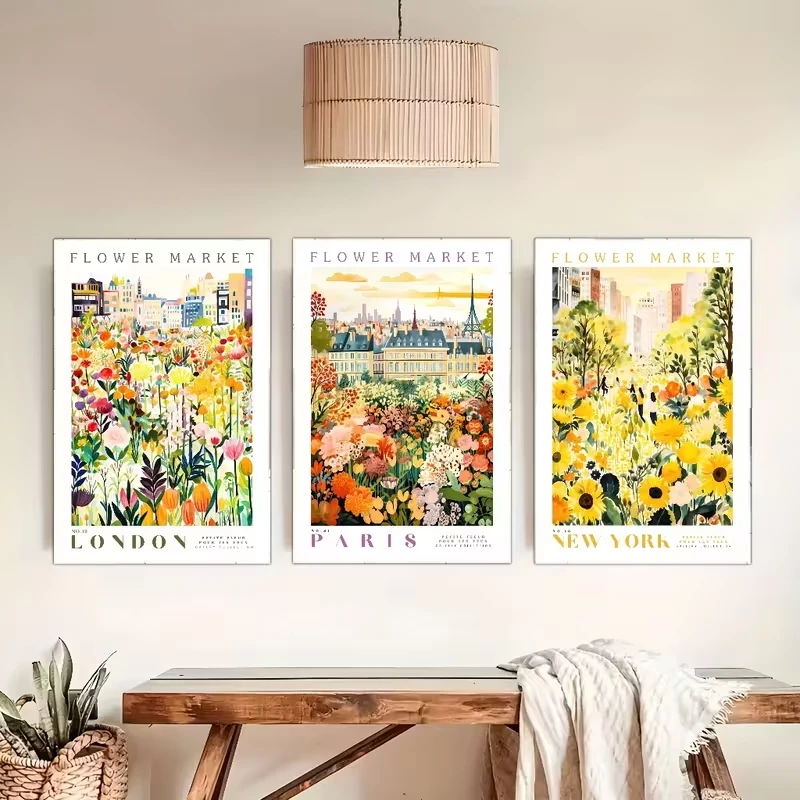

3pcs Paris New York City Floral Landscape Canvas Poster Art, Modern Decorative Aesthetics for Living Rooms, Bedrooms and Offices