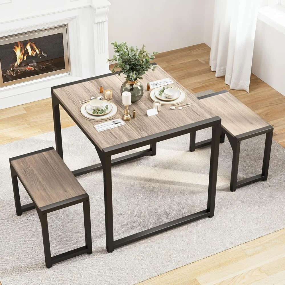 

Dining Table Set for 2, Kitchen Table Set for 2 with Steel Frame, Kitchen Table with 2 Benches for Small Space, Space Saving De
