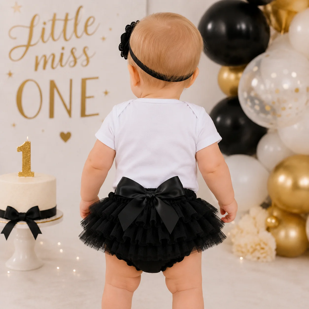 Little Miss One Baby Girl 1st Birthday Outfit Tutu Skirt Headband Set Black Gold Birthday Party Clothes