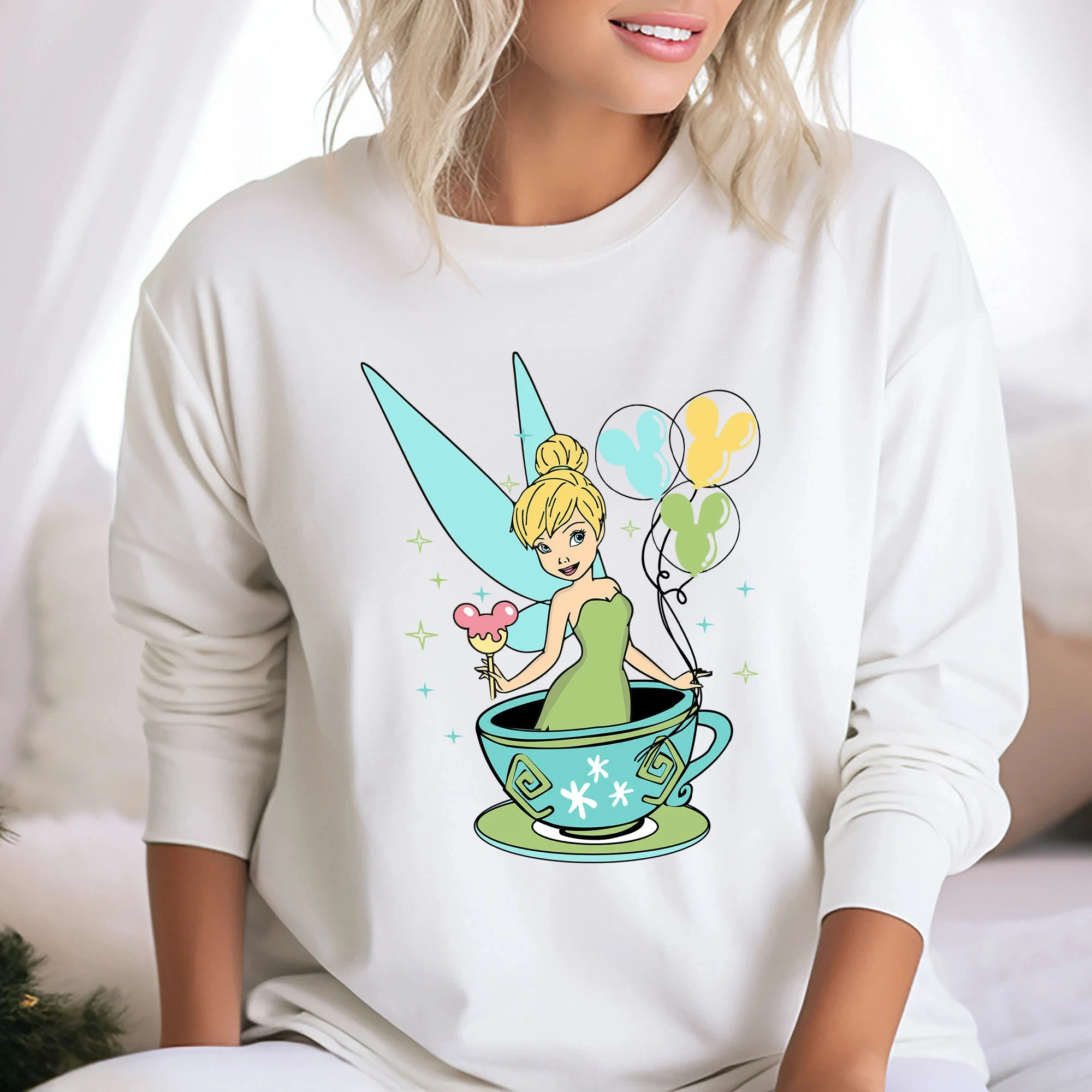 틴커벨 미키 이어 풍선 디즈니 스웨트셔츠, 디즈니 티너벨 스웨트셔츠, 디즈니 매칭 패밀리 스웨트셔츠 여성 선물