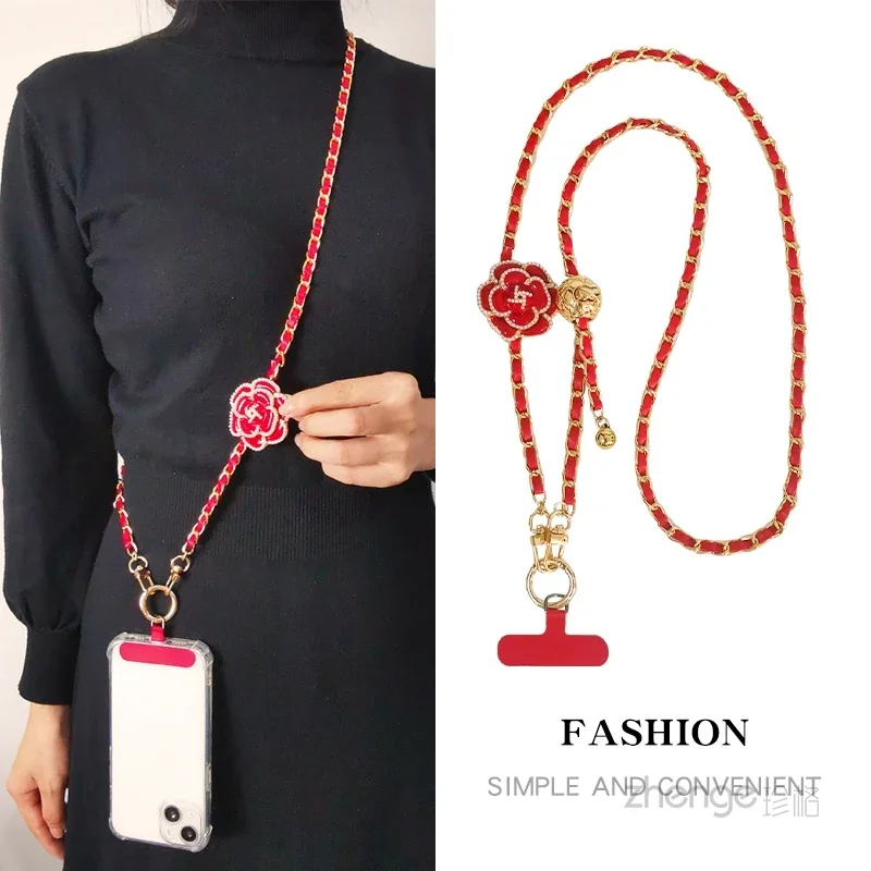 Mobile Phone Lanyard Crossbody Round Ball Telescopic Buckle Camellia Pickup Chain Neck Bag Metal Chain Mobile Phone Lanyard