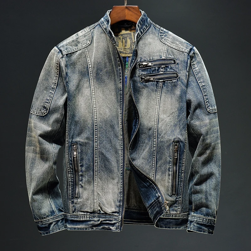 

2024 New Autumn Nostalgic Motorcycle Denim Clothing Men's High-End Vintage Zipper Fashion Slim Stand Collar Handsome Jacket