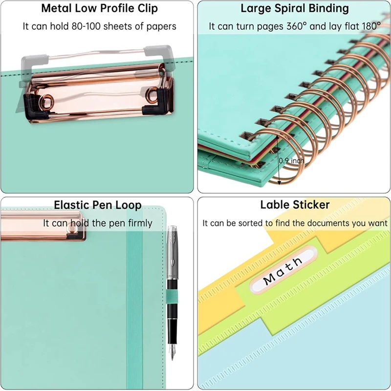 حافظة حلزونية مع حقيبة تخزين بسحاب ، حقيبة خضراء ، مجلدات فوليو ، 5 مجلدات مقسمة