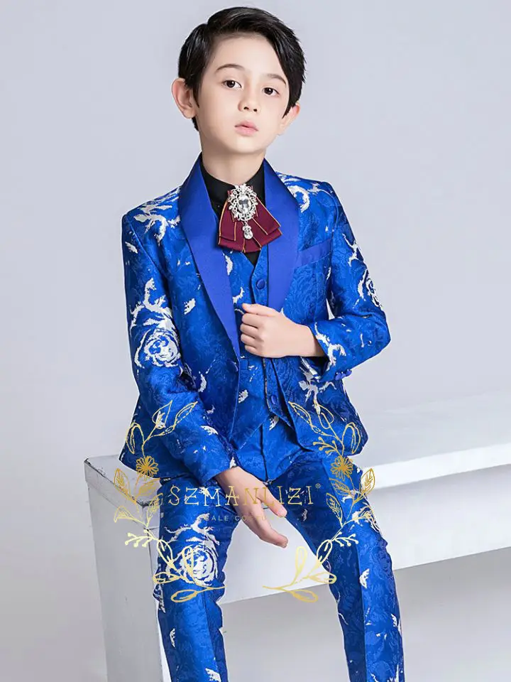 Luxury Royal Blue Floral Jacquard Boy Suits for Wedding 3 Piece Slim Fit Party Tuxedo Kid Fashion Costume Jacket Vest Pants Set