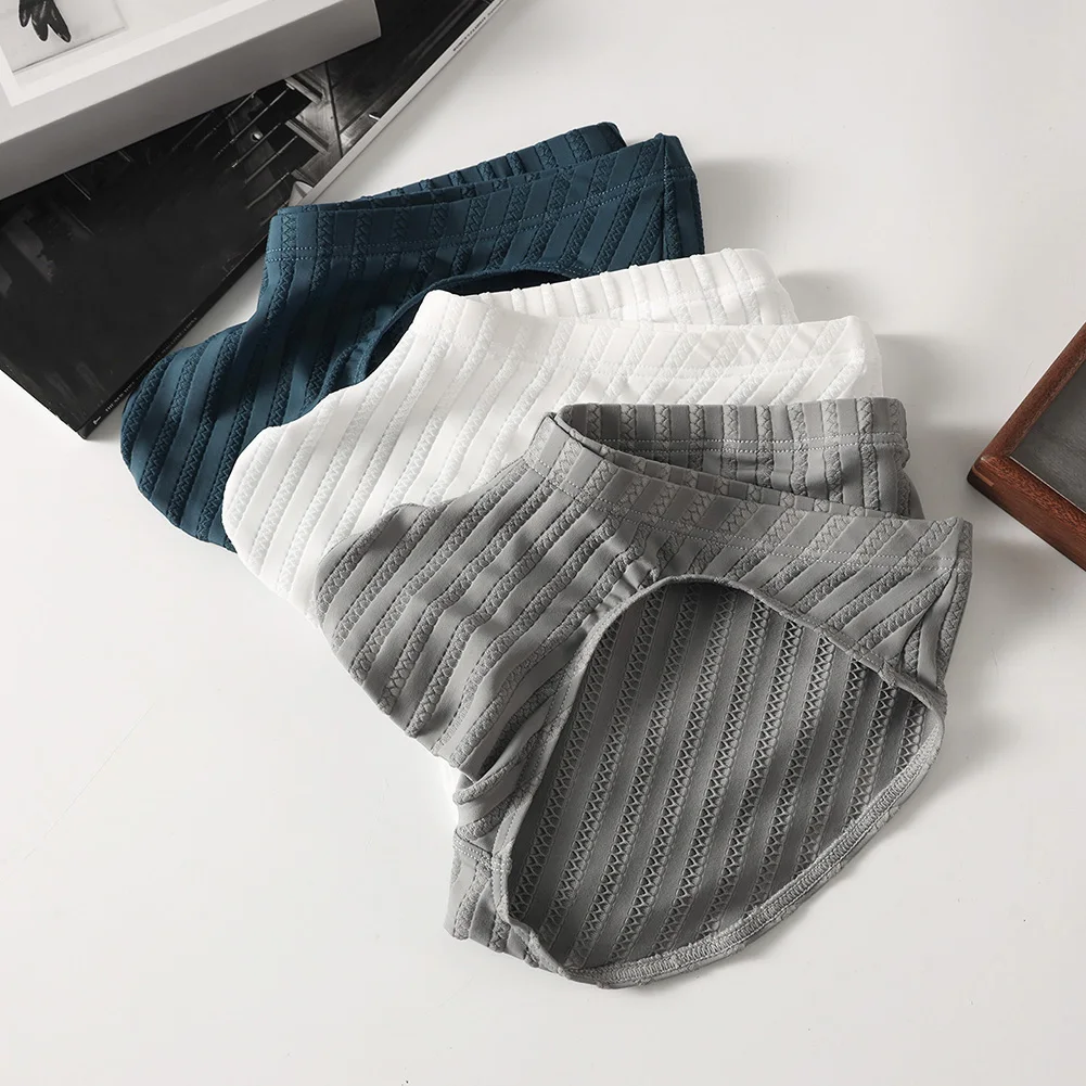 Men Striped Mesh Lingerie Ice Silk Briefs Couple Life Underwear Breathable Underpants Low Rise Hip Wrap Extreme Men's Panties