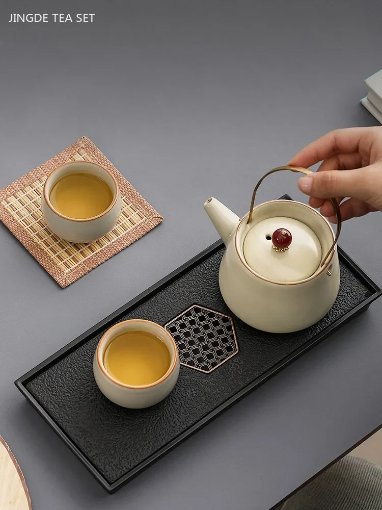 High Quality Ru Kiln Ceramic Tea Set One Pot Two Cups Tea Tray Set Custom Beauty Teaware Handmade Filter Tea Infuser Master Cup