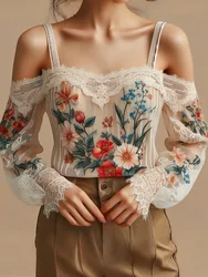 Fashionable Bohemian Women's Shirt Lace Patchwork Floral Print Casual Long Sleeve Sexy Suspenders Square Neck Off-Shoulder Shirt