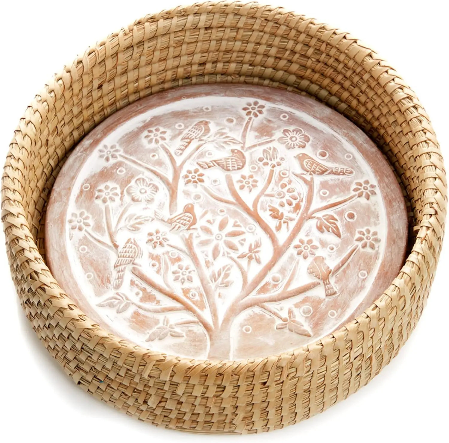 Terracotta Bread Warmer Basket with Nature Bird Design, 11.5" Circular Serving Tray for Home & Picnics