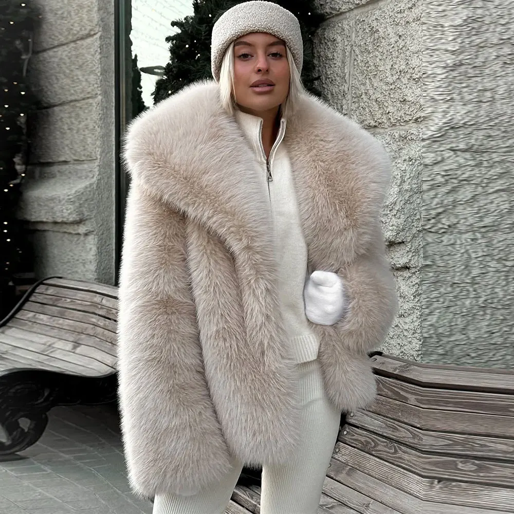 Fashion Fake Fox Fur Jacket Women Winter Luxury Design Big Collar Fur Coats Cool Girls Cropped Plush Overcoat Fake Fox Fur Coat