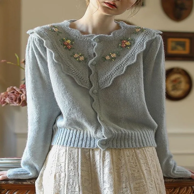 

Spring Womens Embroidered Small Flower Knit Cardigan Soft Sweater