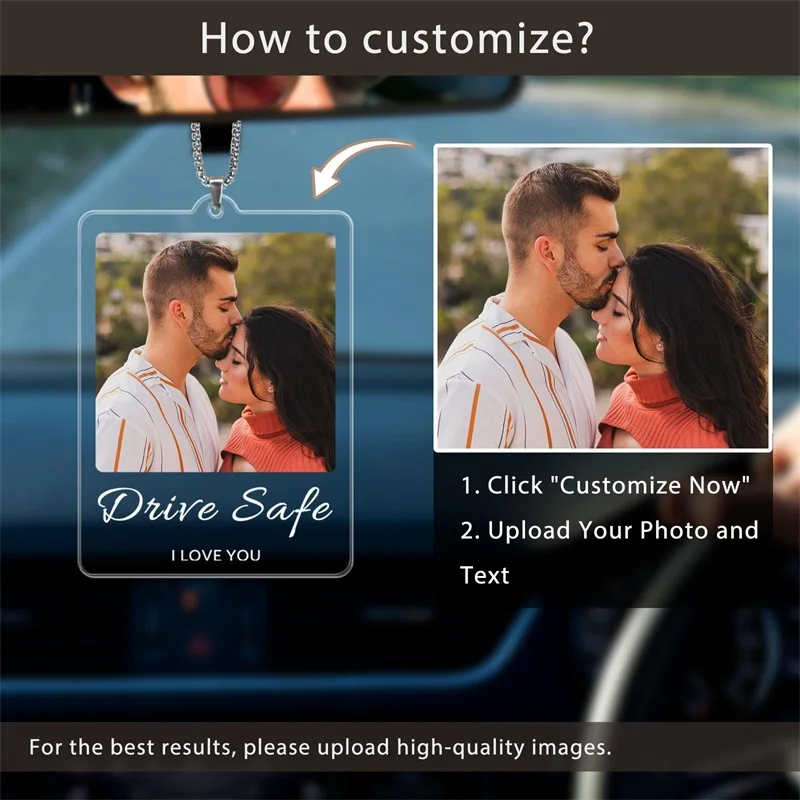 Custom Photo Car Charm Ornament Personalized Rearview Mirror Decor Hanging Accessory Acrylic Picture Pendant Gifts for Couple