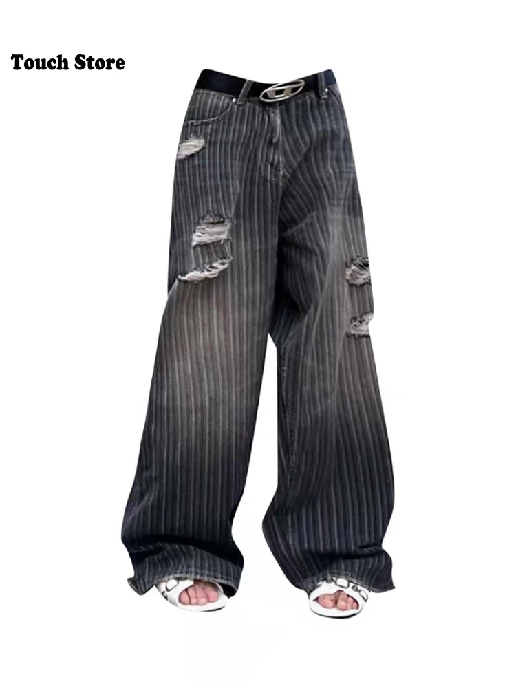 

Women Harajuku Gyaru Low Rise Grunge Striped Denim Pants Y2k Japanese Long Trousers 2000s Baggy Damage Jean Kpop Cyber Punk New