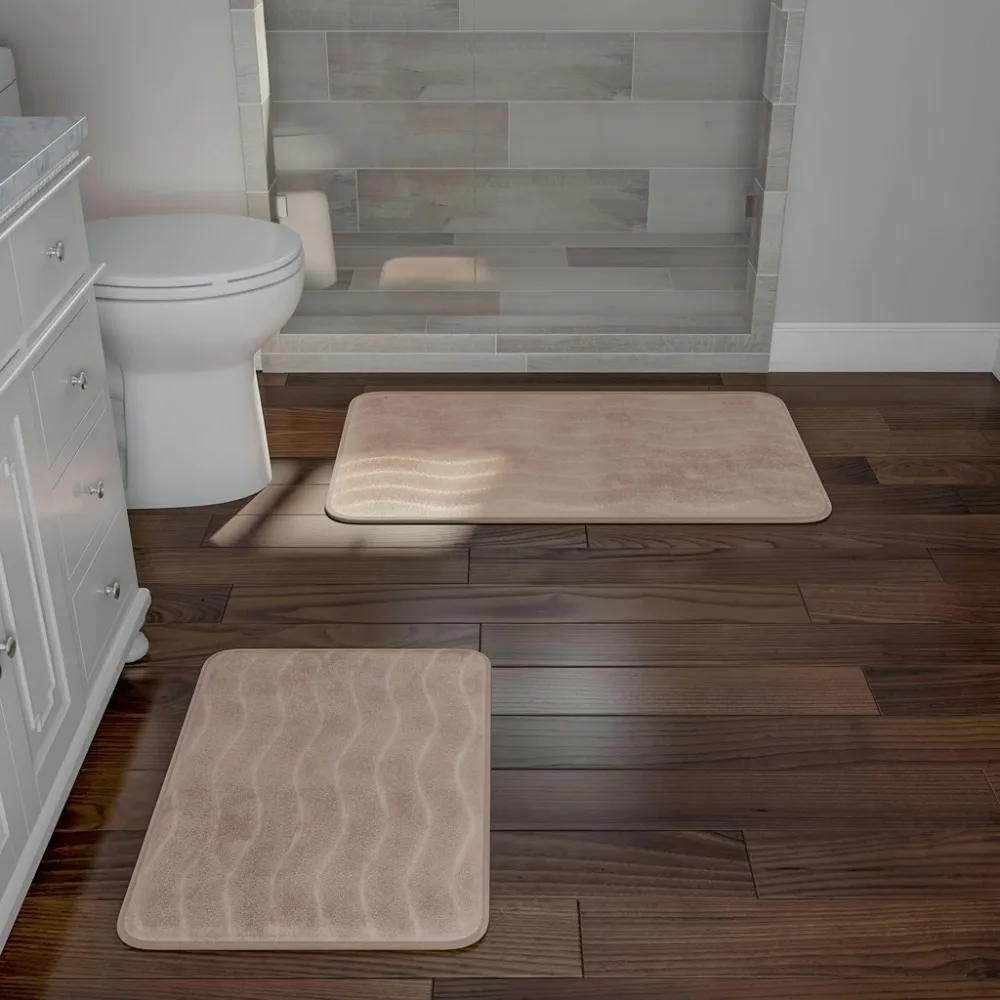 

2-Piece Memory Foam Bath Mat Set - Non-Slip Absorbent Runner for Shower, Tub, Sink, Kitchen (Taupe)