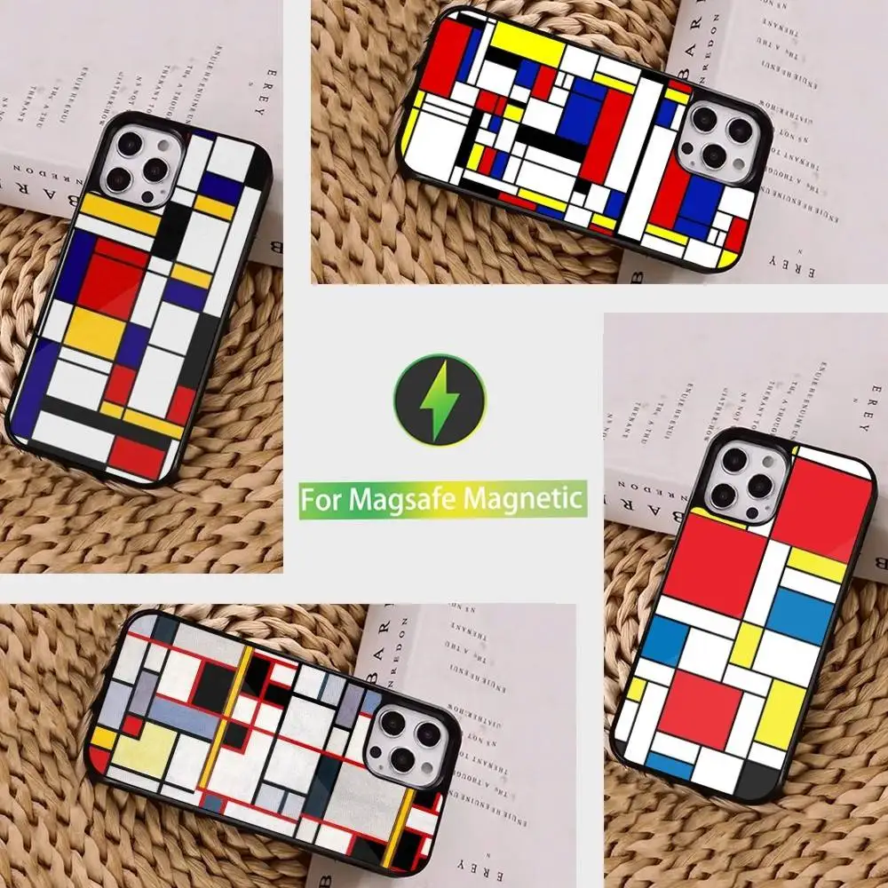 

TOPLBPCS M-Mondrian Grid Phone Case For iPhone 16,15,14,13,12,11,Pro,Max,Plus,Mini, Magsafe,Magnetic Wireless Charging Case