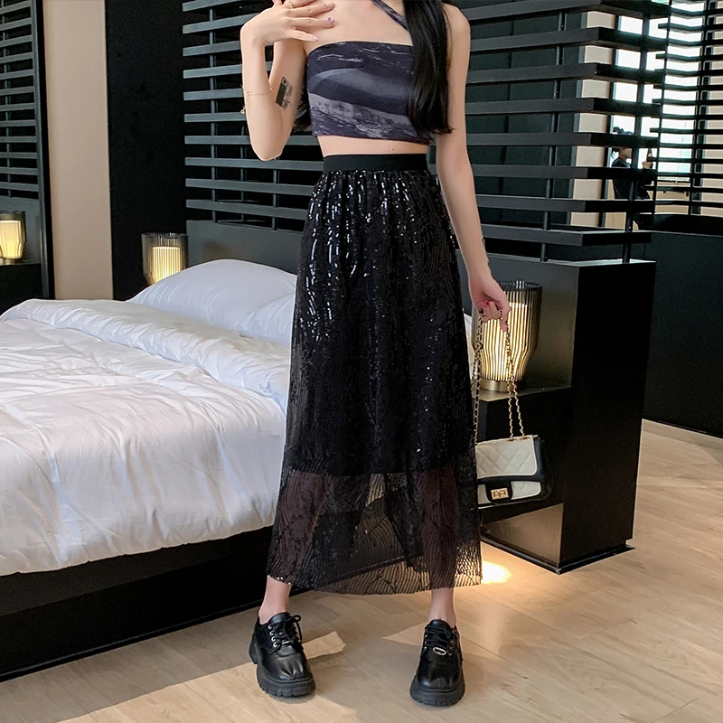 

Новые летние юбки с пайетками для женщин, однотонные однотонные юбки средней длины с высокой талией, повседневные женские элегантные офисные юбки с разрезом