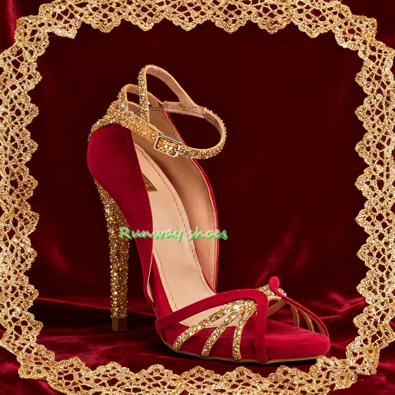 

Burgundy Velvet High Heel Pointed Toes Metal Decoration Sandals Summer High-end Women's Evening Shoes Gold Sequined Sandals