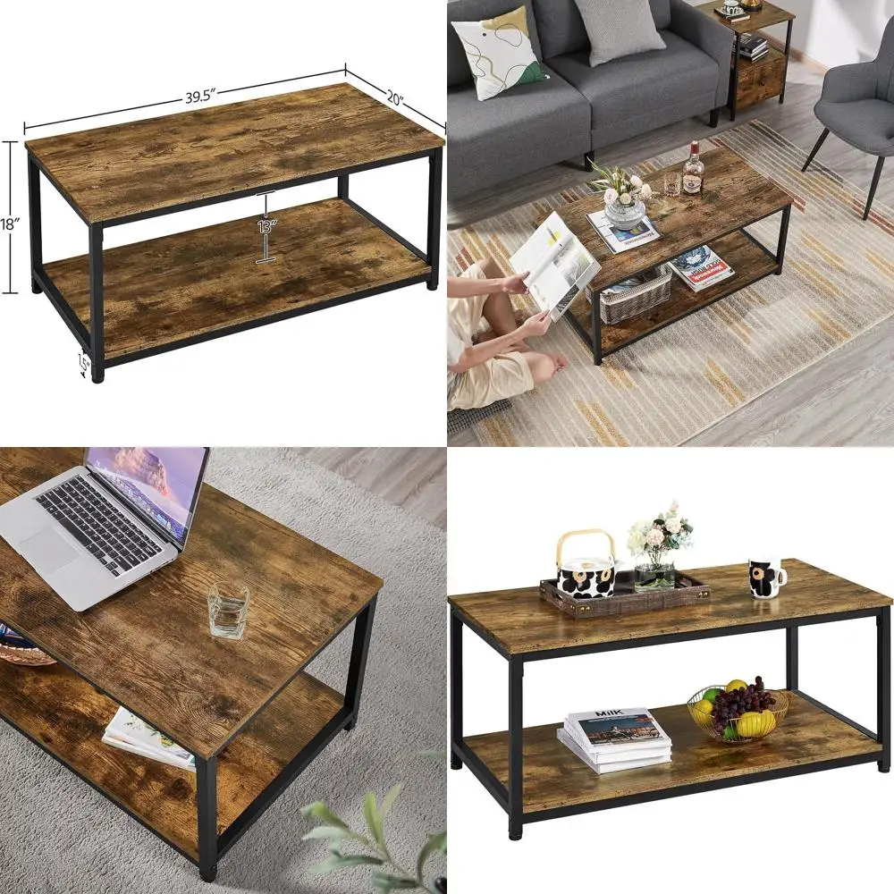 

Vintage 2-Tier Wooden Coffee Table with Metal Frame and Storage Shelf for Living Room