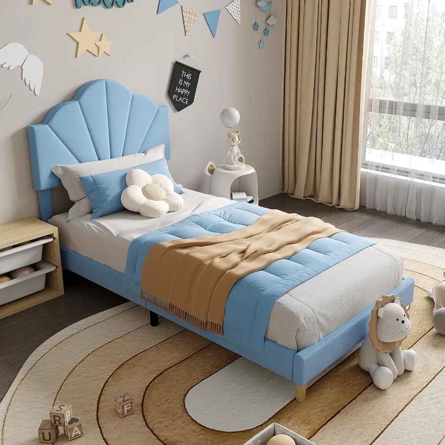 Twin bed frame for kids' bedroom, velvet fabric and wood slats, cream color, shell-shaped upholstered headboard, no box spring
