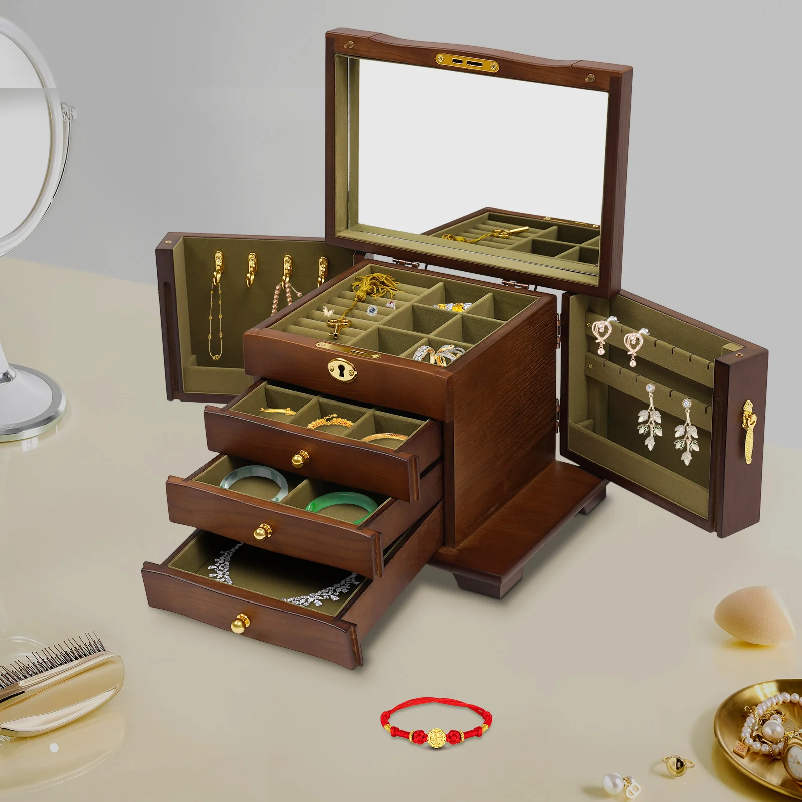 Armadietto per gioielli da tavolo con specchio, scatola portaoggetti per orecchini da ragazza a 4 strati con anello per collana con serratura