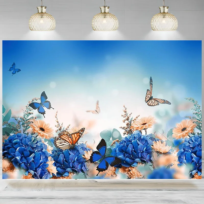 Butterfly Birthday Photo Backdrop Spring Baby Shower Decorations Banner Blue Orange Flowers Party Photography Background