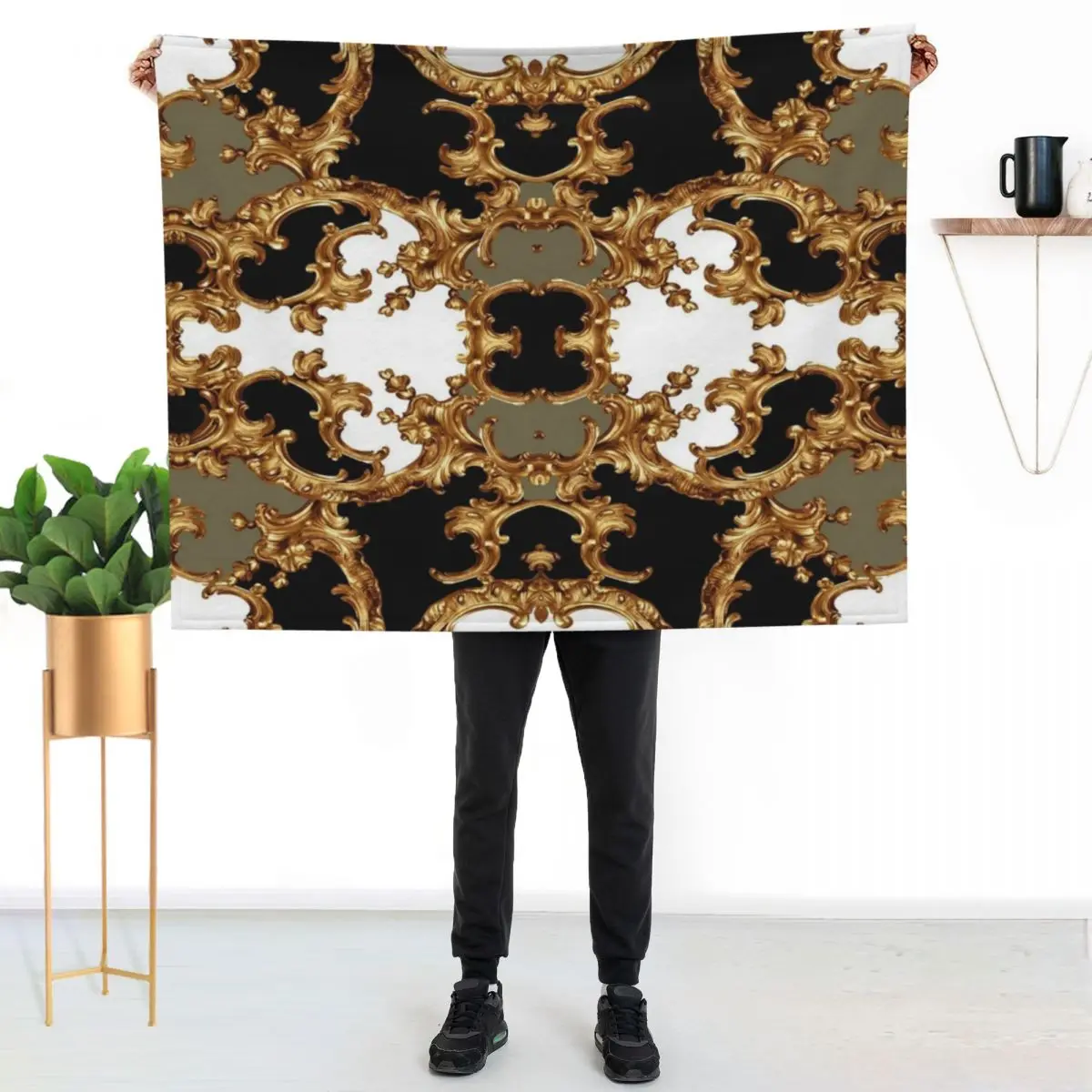 

Golden ornamental baroque symmetrical Throw Blanket Warm Cozy Throw Blanket for Living Room Couch