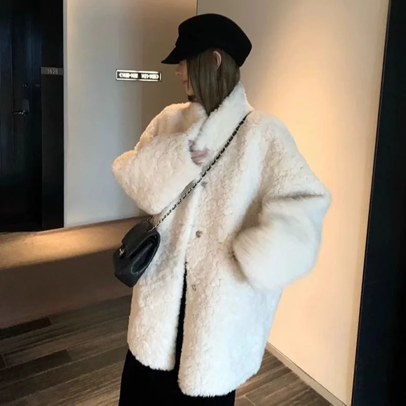 Women Faux Fur Mid Legnth Coats Jackets Stand Collar Coat Thick Warm Y2k Streetwear Jacket Casual Loose Outerwear Autumn Winter