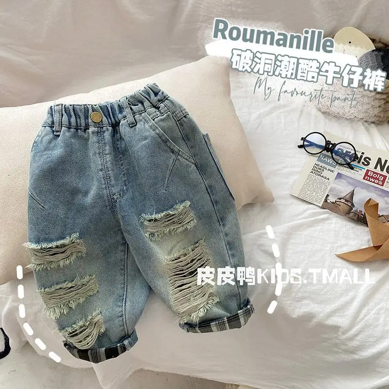 1-7Yrs Kids Boys Hole Pants Spring Autumn Baby Jeans 2024 New Children\'s Ripped Jeans Pants Boys KoreanTrousers Baby Girl Pants