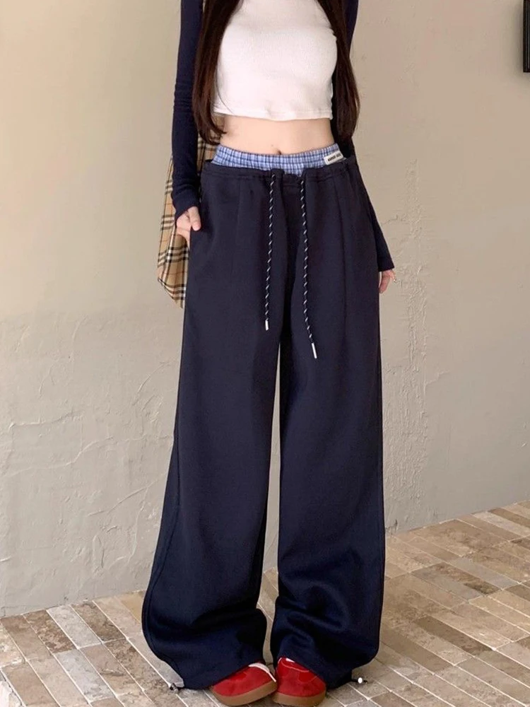 السراويل الرياضية واسعة الساق النساء الدانتيل يصل منقوشة المرقعة عالية الخصر الشارع الشهير بنطلون الخريف خمر فضفاض عادية مستقيم Sweatpants