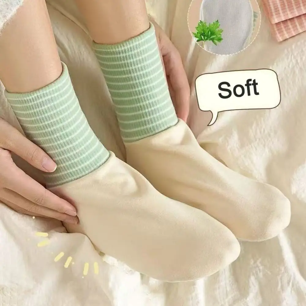 

4Pairs Patchwork Air Conditioning Sleep Socks Anti-slip Thicken Cartoon Stripe Socks Breathable Female Hosiery Middle Tube Socks