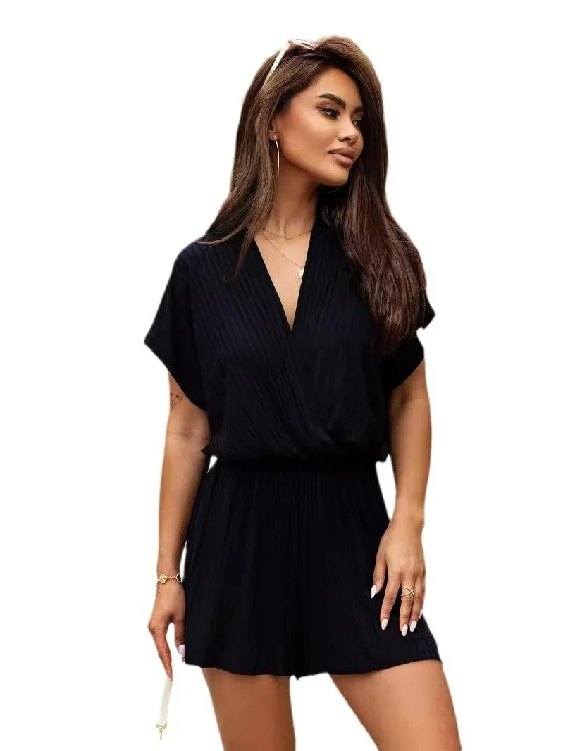 

Casual V-ne Striped Jumpsuit Pure Color Loose Fit Street Sle mid Waist ort Pants 96% plus Fabric Online Exclusive