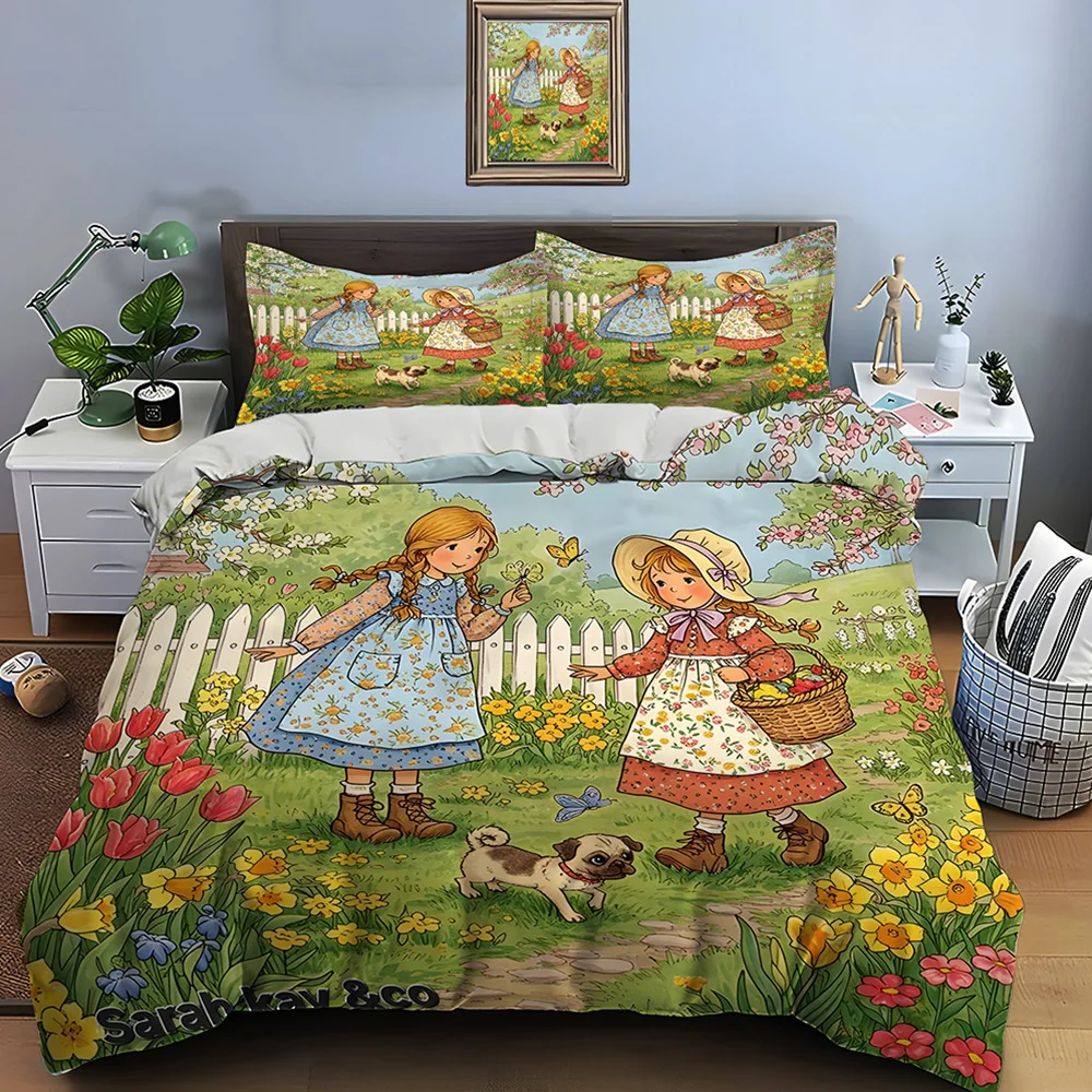 

Girls Playing in Spring Garden Bedding Set for Kids Luxury Gift 3pcs Digital Print Comforter Set Soft Comfortable Breathable