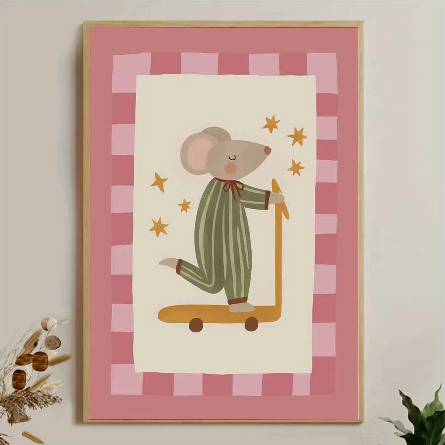 1pc Vertical Frameless Canvas Poster - Cute Bedtime Art: Mouse in Pajamas Riding Scooter with Stars, Modern Wall Painting for