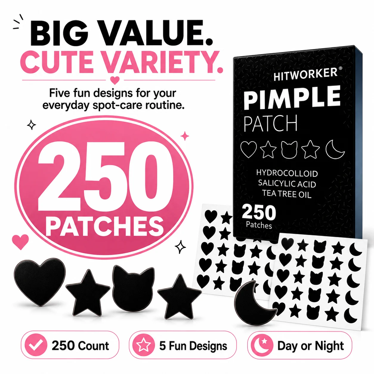 250PCS Cute Hydrocolloid Pimple Patches, Heart Star Cat Moon Blemish Cover Stickers for Face, Mixed Shape Spot Patches view 5