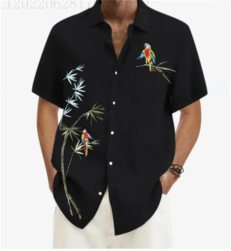 

Men's Short-Sleeved Printed Shirt Top with Flower-and-Bird Lapel Modern Casual Style Men's Top