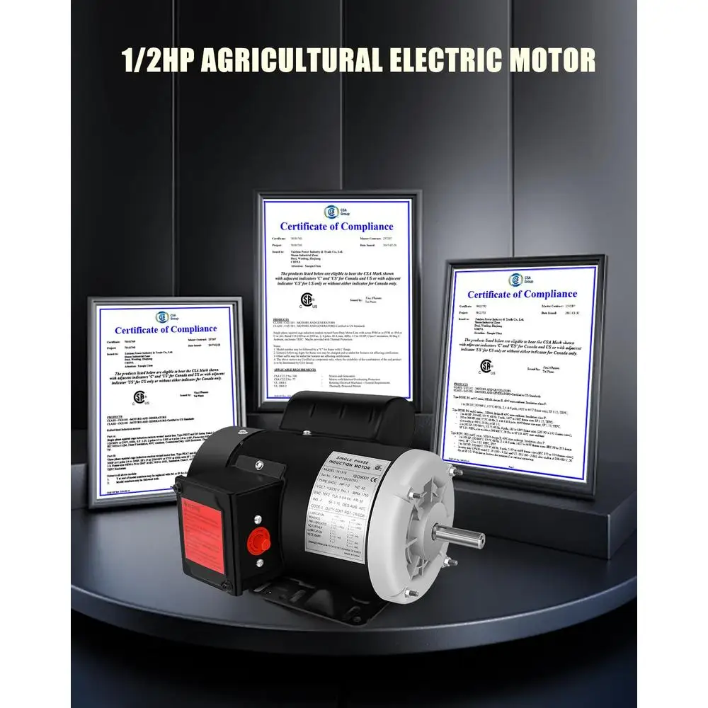 1/2 HP Electric Motor 1750 RPM Single Phase 115/230V Farm Duty Keyed Shaft IP55 Compact Structure CSA Certified Agricultural