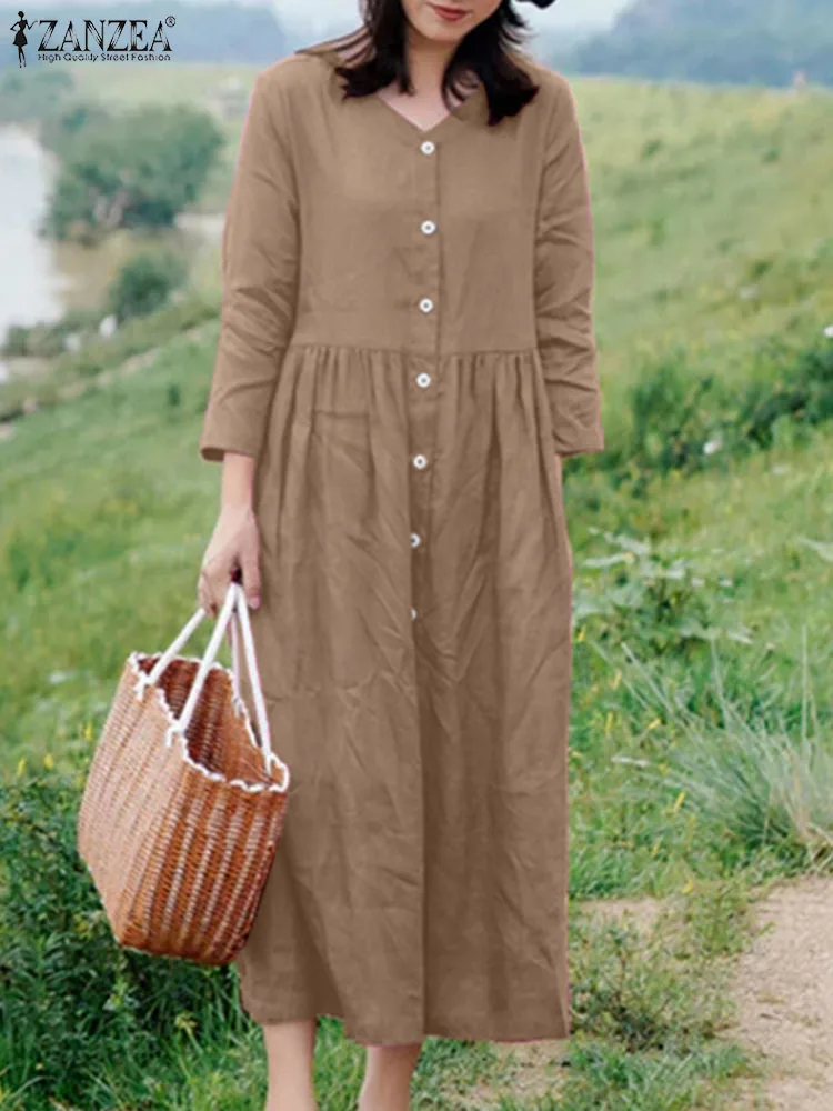 ZANZEA-Vestido camisero Vintage para mujer, Vestido de verano de manga 3/4 con cuello redondo, caftán liso a la moda, bata de trabajo holgada, 2024