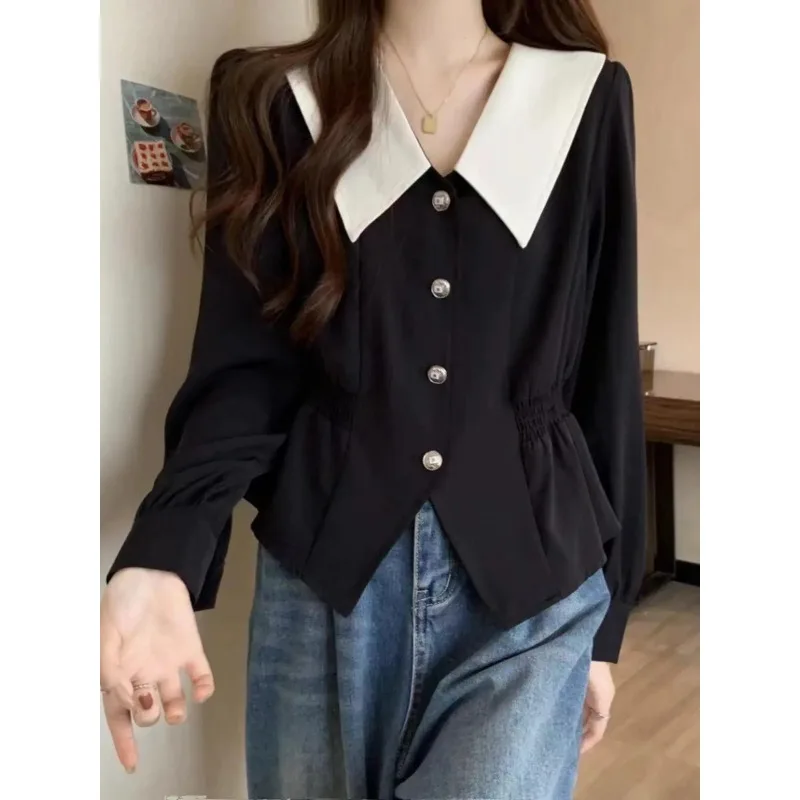

French High-end Doll Collar Shirt for Women in Autumn Casual Waist Fashion Versatile Lapel Long-sleeved Irregular Top