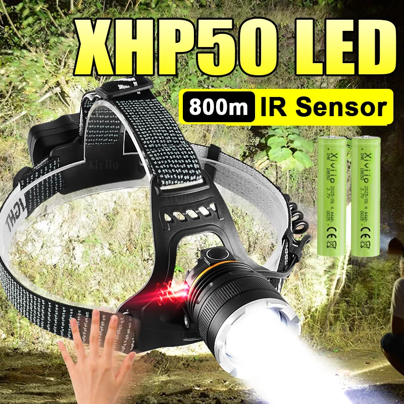 

100000LM XHP70 светодиодный налобный фонарь с сильным светом, фара с большой апертурой, перезаряжаемый налобный фонарик с зумом, ИК-датчик, налобный фонарь для рыбалки