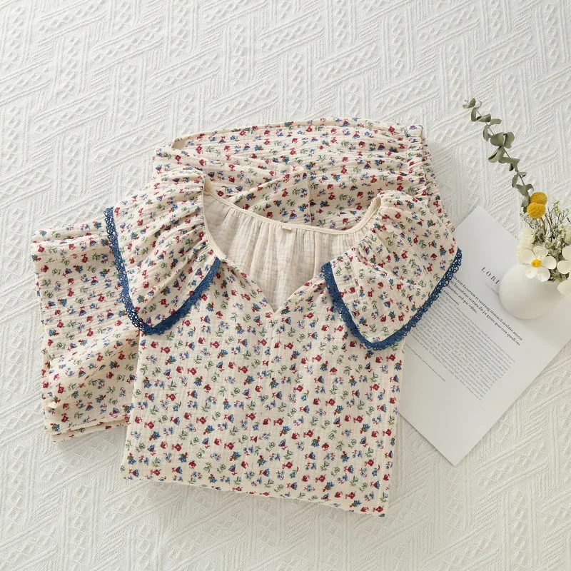 

2025 Women's Crepe Cotton Yarn Pajamas Set Long-Sleeved Top And Bottoms Lotus Leaf Collar Lace Small Floral Print Age-Defy