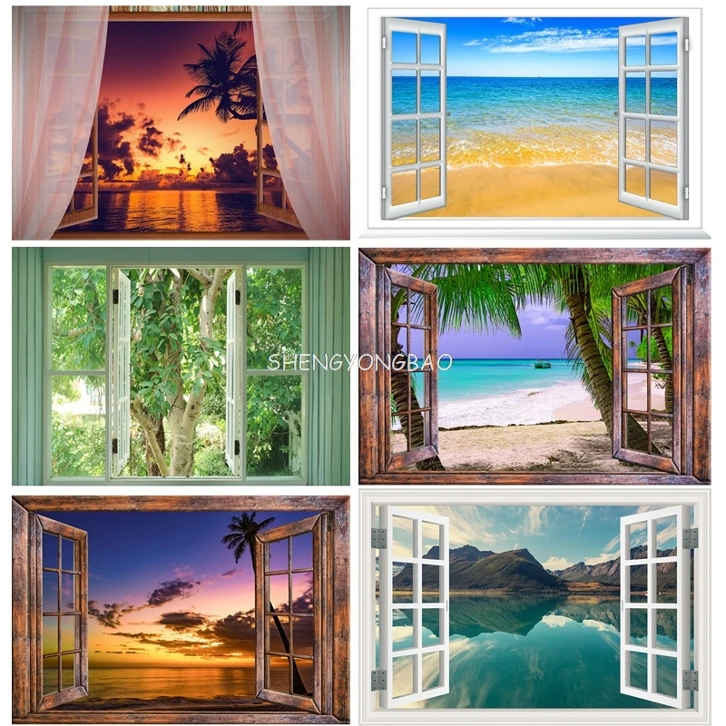 

Wall Poster Open Window Sea Sunset Photography Backdrops Living Room Decoration Banner Beach Landscape Photo Studio Background