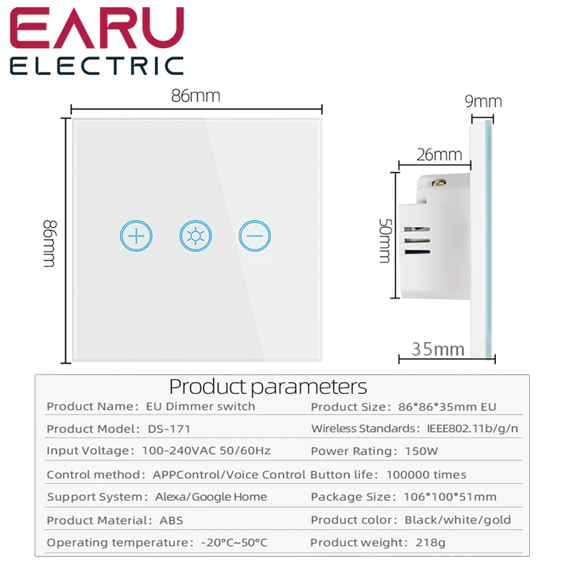 2A WiFi Smart Glass Panel Wall Touch Switch Light Dimmer Switch Smart Life Tuya APP Remote Control for Alexa Google Home
