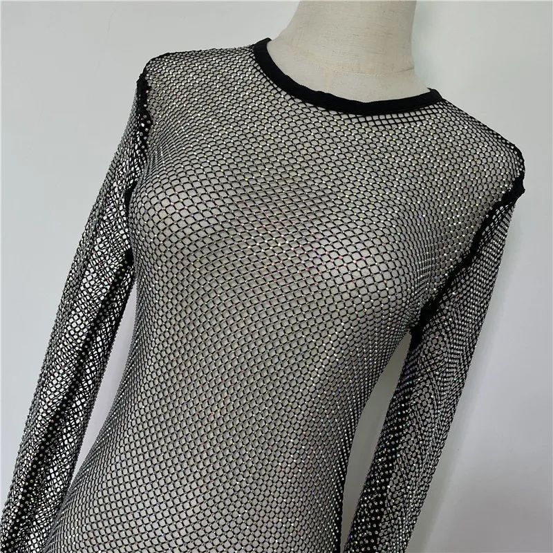 Women 2023 Summer Hollow Out Sexy Crystal Diamond Bodysuit Long Sleeves Fishnet Body Top Backless See Through Bodysuits