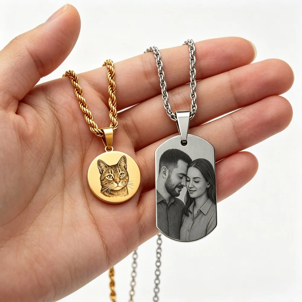 

Personalized Laser Engraved Portrait Photo Necklace Stainless Steel Round Pendant Necklace Custom Rectangle Pendant Necklace