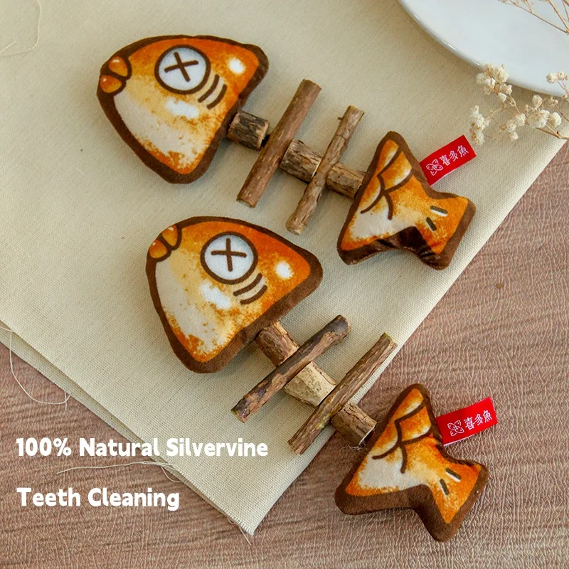 Silvervine Cat Chew Toy Grilled Fish Bone, Matatabi Dental Teeth Cleaning Stick, Interactive Kitten Teething Molar Toy